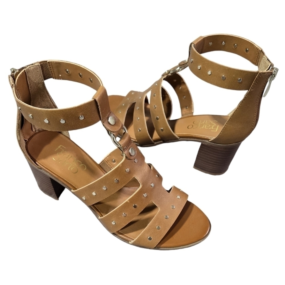 Franco Sarto Harrington Tan Studded Leather Gladiator Block Heel Sandals